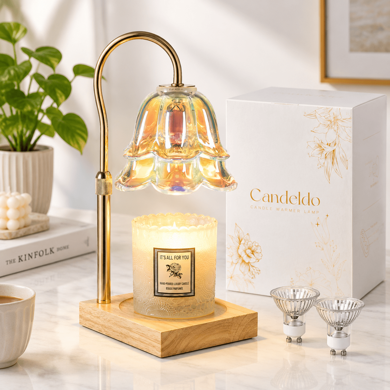 Candle Warmer Lamp with Timer, Iridescent Flower Glass Shade, Solid ...