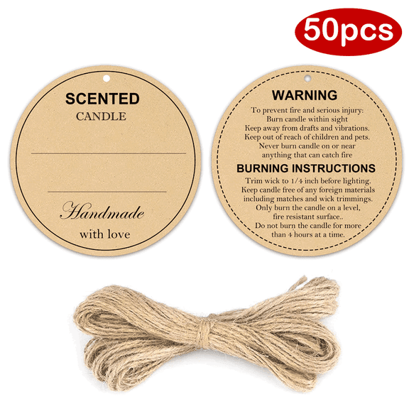 Candle Warning Hang Kraft Tags 2 inch Handmade with Love Scented Candle Cards Wax Melt Safety Warning Tags Card for Candle Jar Container Candle Making 50pcs