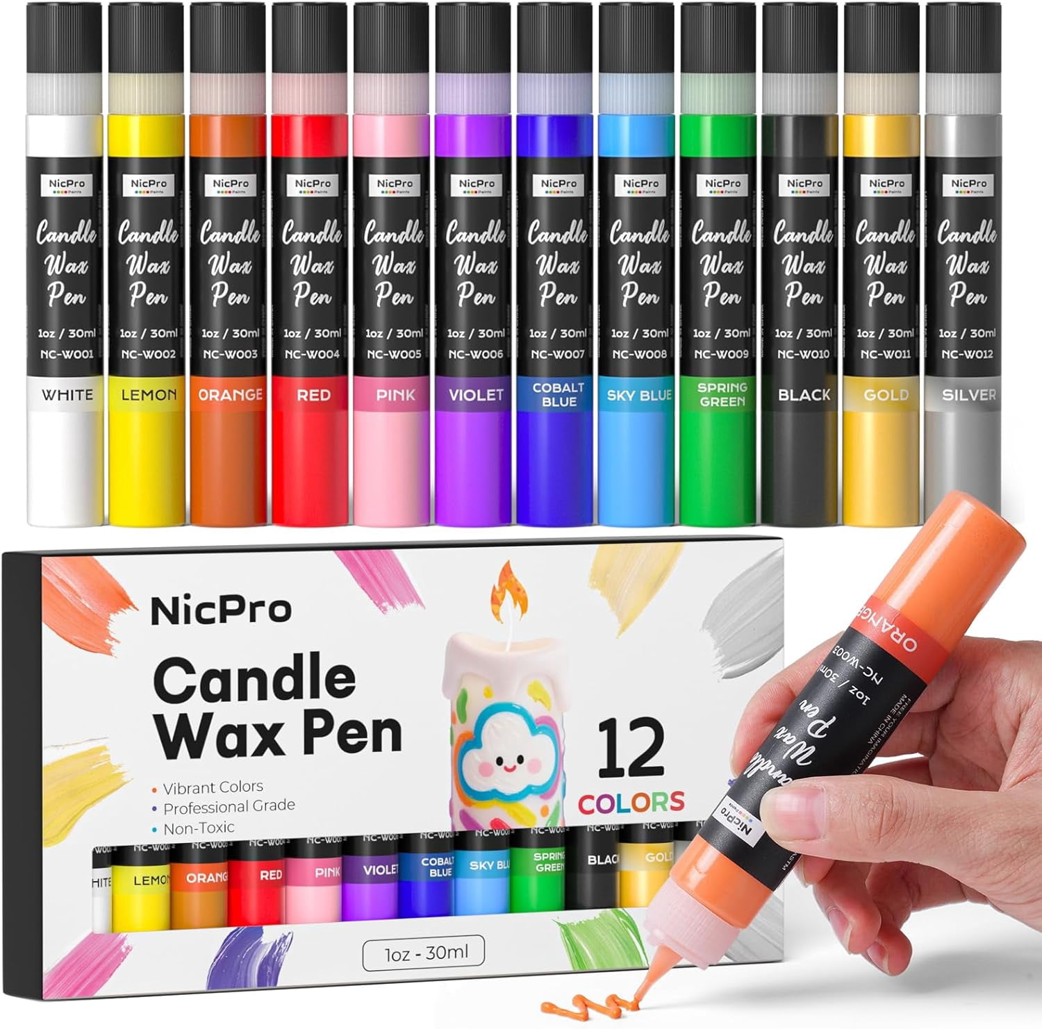 Candle Wax Pen 12 Colors 3D Paint Include Glitter Silver Gold Non-Toxic Making & Painting Kit Vibrant for Crafts DIY Birthday Holidays Wedding Party 1-oz(30ml)