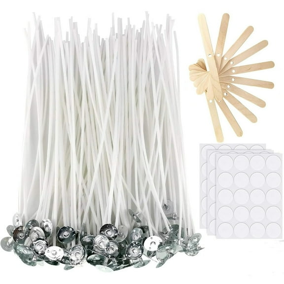 Candle Wicks 100 Pcs with 60Pcs Candle Wick Stickers and 10 Pcs Wooden Candle Wick Centering Device for Soy Beeswax Candle Making (6inch),Wicks For Candlemaking