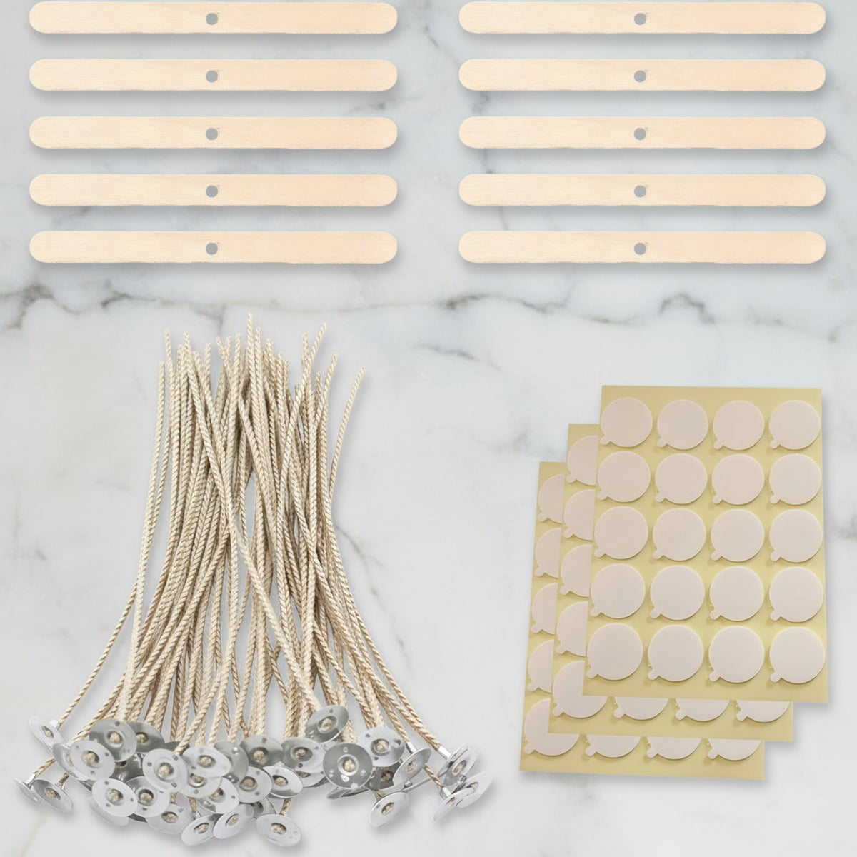 Candle Wicks Kit - 50pcs Natural Candles Wicks with 10pcs Wooden Holders 120 Pcs Wick Stickers for Soy Wax Beeswax Coconut Wax Candle Making Supplies