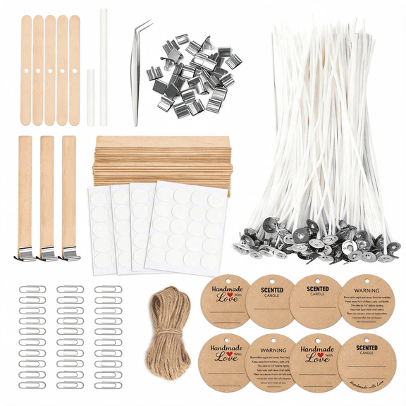 Candle Wicks for Candle Making Kit 150 Pcs Cotton and Wood Wicks Set with Wick Stickers Holders Tabs and Tweezers for Soy Beeswax DIY Candles
