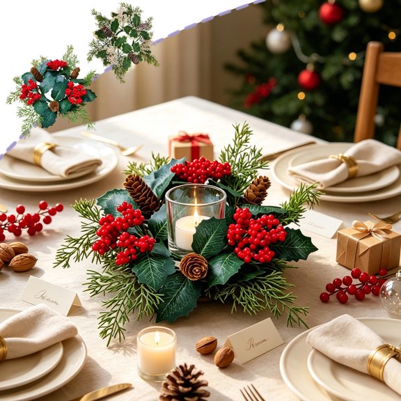 Candle Wreath,Artificial Pinecone Table Ring with Stable Plastic Frame,Reusable Desktop Centerpiece for Christmas Holiday Home Dining Layout(Red)