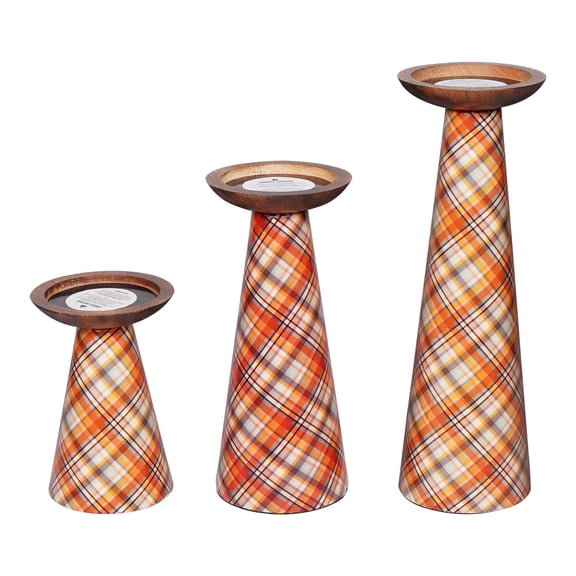 Candleholder -Set/3, Enamel,6/9/12,Metal/Enamel,Ochre/Multi Plaid