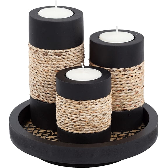 Candleholder Set with Tray, Set of 3 Rustic Black Wooden Tealight Candle Holders with Natural Rope Accent, Coffee Table Centerpiece, Farmhouse Home Decor, Housewarming
