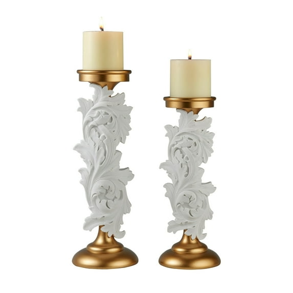 Candleholder with Baroque Scroll Design, Set of 2, White - Saltoro Sherpi