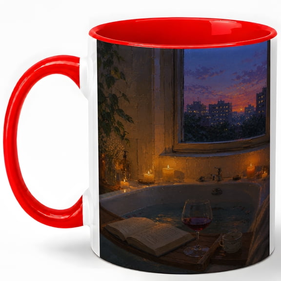 Candlelit Bath Window 11oz Ceramic Mug, Cozy Evening Room Art