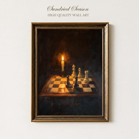 Candlelit Chess Game Moody Still Life Dark Academia Strategy Decor, Unframed Paper Poster 8x10in