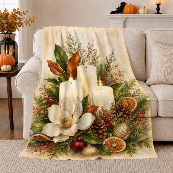 Candles with Magnolia and Dried Oranges, Warm Rustic Style for Holiday Lovers, Pinecone Ornament Scene, Cozy Flannel Blanket for Living Room and Bedroom, Christmas Gift and Seasonal Home Decor