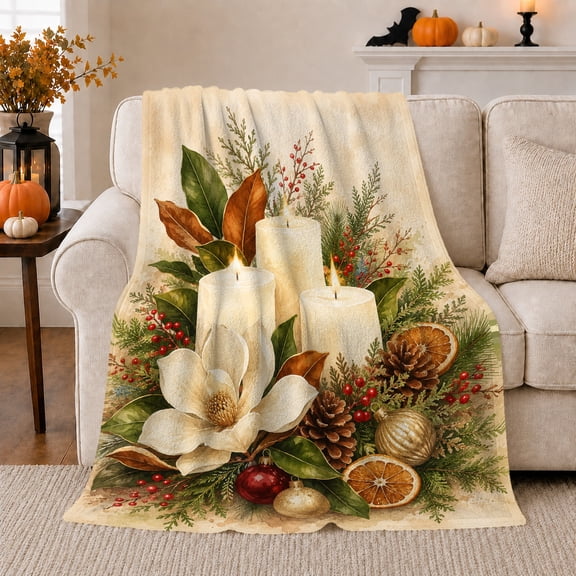 Candles with Magnolia and Dried Oranges, Warm Rustic Style for Holiday Lovers, Pinecone Ornament Scene, Cozy Flannel Blanket for Living Room and Bedroom, Christmas Gift and Seasonal Home Decor