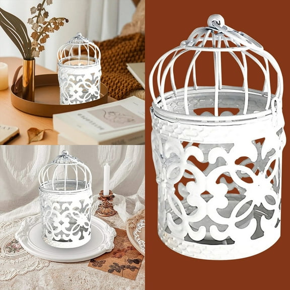 Candles Promotion Sale! Hollow Candlestick Tealight Holder Small Bird Cage Vintage Candle Decorative Metal Candle Holder for Hanging or Table Top Home Decor Wedding Party Accessory White Home Decor