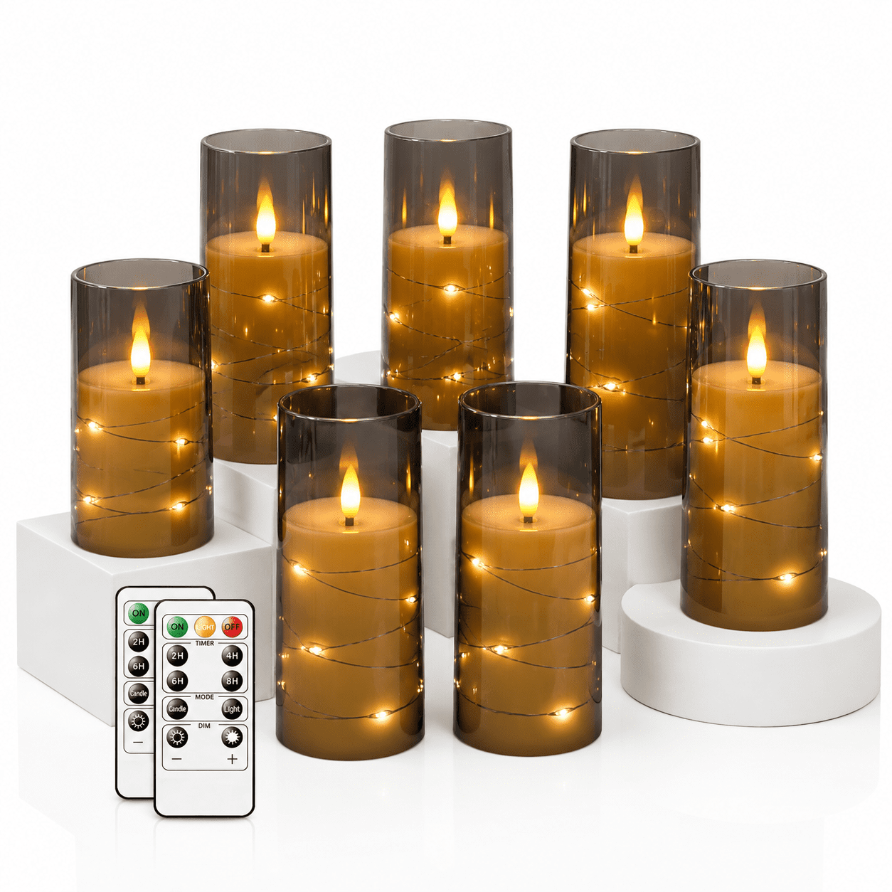 Command Candles Candles Set of 7 Grey-7 with Embedded Star String, Remote Control, and ...