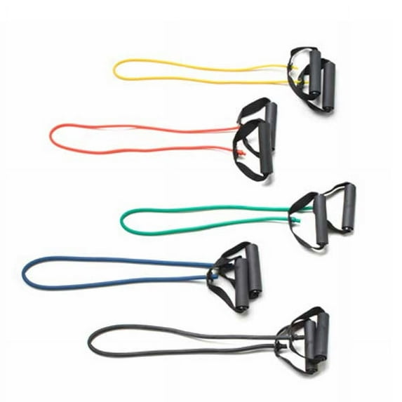 Cando Resistance Band Exercise Tubing w/ Handles -Yellow, Black (Set) - 36in. 5 Fitness Cords Included