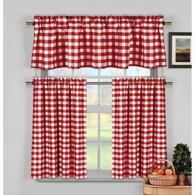Candy Apple Red Gingham Checkered Plaid Kitchen Tier Curtain Valance 