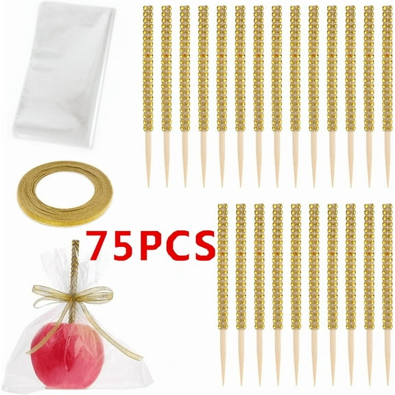 Candy Apple Sticks and Bags 24PCS Stick for Apple Rhinestone Bamboo Skewers, with 50 PCS Bags, 1PCS 25 Yard Glitter Ribbon for Caramel Apple Lollipop Crispy Treat