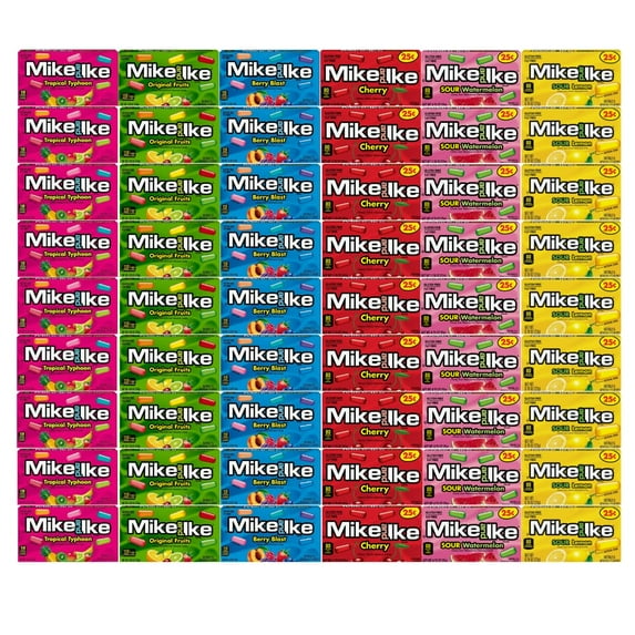 Candy Assorted Flavor Mike And Ike, 6 Flavor, Tropical Typhoon, Berry Blast, Cherry, Sour Watermelon, Sour Lemon, Original Fruits 0.78 Oz, 9 Each Flavor, 54 Pack