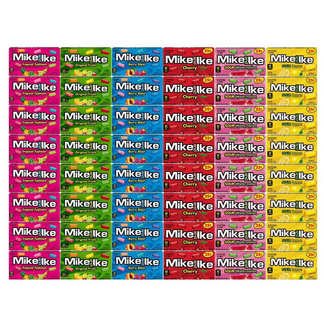 Candy Assorted Flavor Mike And Ike, 6 Flavor, Tropical Typhoon, Berry Blast, Cherry, Sour Watermelon, Sour Lemon, Original Fruits, 8 Each Flavor, 0.78 Oz, 48 Pack