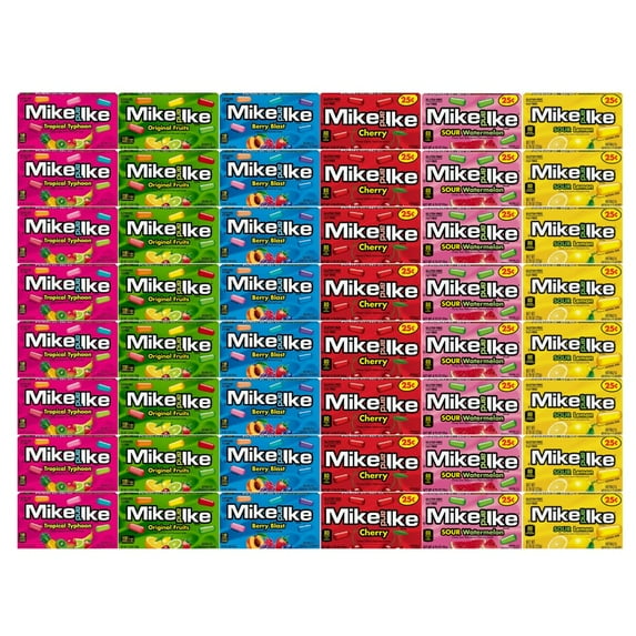 Candy Assorted Flavor Mike And Ike, 6 Flavor, Tropical Typhoon, Berry Blast, Cherry, Sour Watermelon, Sour Lemon, Original Fruits, 8 Each Flavor, 0.78 Oz, 48 Pack