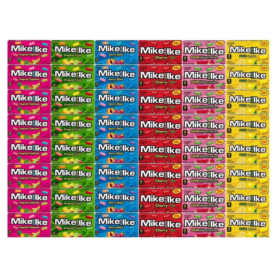 Candy Assorted Flavor Mike And Ike, 6 Flavor, Tropical Typhoon, Berry Blast, Cherry, Sour Watermelon, Sour Lemon, Original Fruits, 8 Each Flavor, 0.78 Oz, 48 Pack