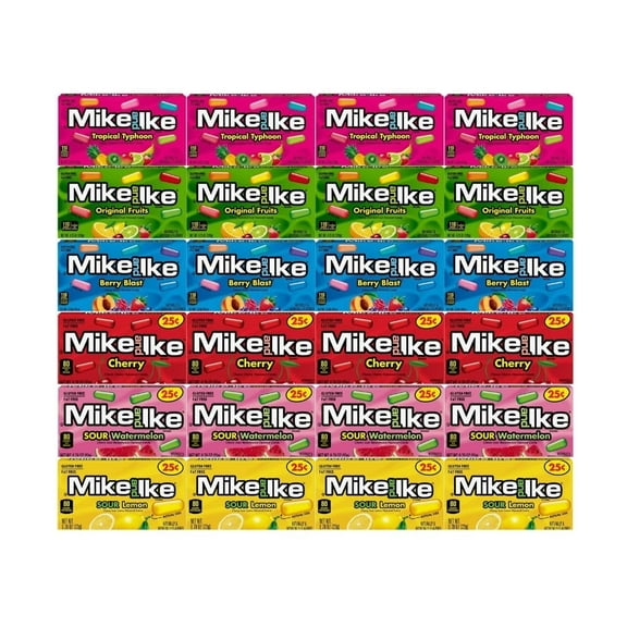 Candy Assorted Flavor Mike and Ike, 6 Flavor, Tropical Typhoon, Original Fruits, Berry Blast, Cherry, Sour Watermelon, Sour Lemon, 0.78 oz, 4 Each Flavor, 24 Pack Perfect for Parties & Snacks