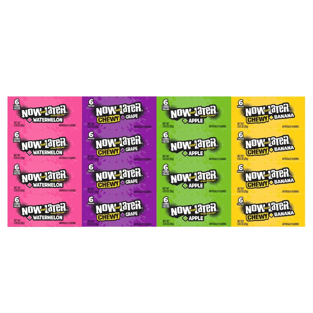 Candy Assortment Now And Later, 4 Flavors - Watermelon, Grape, Apple, Banana - Chewy & Long-lasting Fruit Candy, 0.93 Oz, 4 Of Each Flavor, 16 Pack