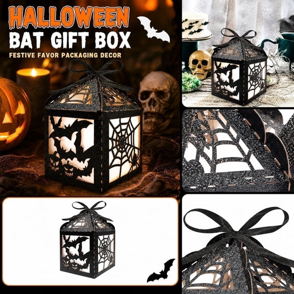 Candy Boxes Party Favors, Halloween Party Decorations, Small Party Favors, Gable Boxes for Party Favors, 3.5X3.5X2.5 Inch Black Glitter Hollow Out Bat Pattern Small Gift Boxes, 6