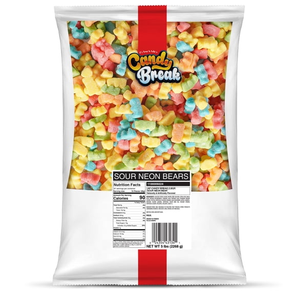 Candy Break Sour Neon Gummy Bears, Four Flavor Gummies, Sweet & Sour Candy Snacks for Kids & Adults, Bulk Candies Share Size Bag, Variety Pack, 5 lbs Pack of 1