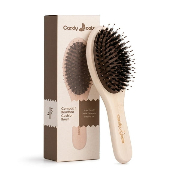 Candy Brush Natural Bamboo Cushion Hair Brush for Thick Curly Thin Long Wet or Dry Hair, Ultra Soft Nylon & Natural Boar Bristle Detangler Hair Brush for Women Men Kids, Reduce Pulling and Frizzing