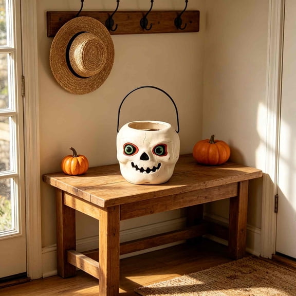 Candy Bucket,3 Pack Vintage Resin Mini Halloween Treat Pail with Metal Carry Handles,Stackable Skeleton Pumpkin Storage Bowl for Coffee Table Counter Party Table Centerpiece Decorative(White)