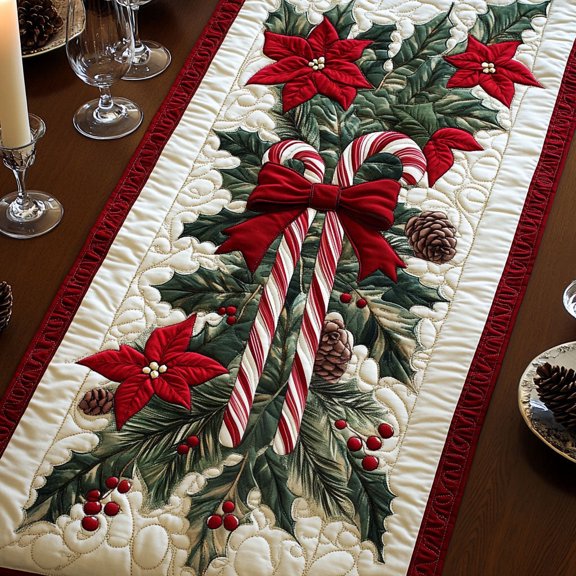 Candy Cane Bliss Quilted Table Runner for Dining Table, Seasonal Farmhouse Kitchen Decor