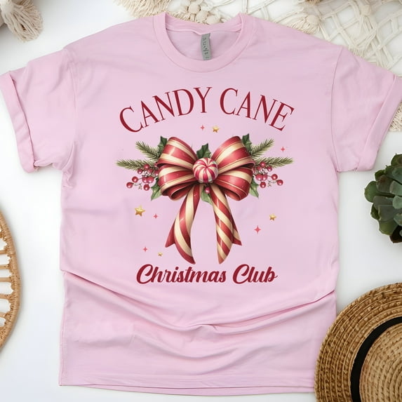 Candy Cane Bow Graphic T-Shirt | Festive Holiday Club Tee for Men Women, Light Pink, Size M
