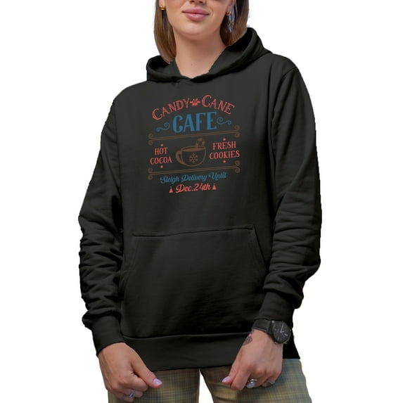 Candy Cane Cafe, Hot Cocoa, Fresh Cookies, Christmas Shop Sign Merch Gift, Black Hooded Sweatshirt or Hoodie, 3XL