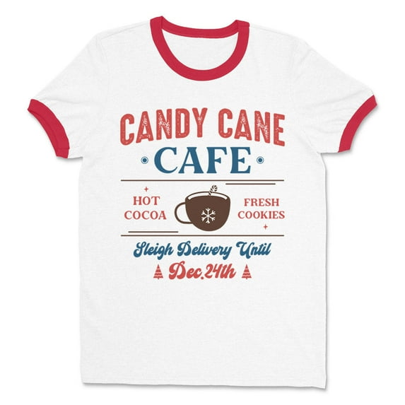 Candy Cane Cafe Ringer Tee Shirt Unisex 2X-Large White/Red