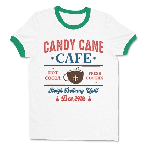 Candy Cane Cafe Ringer Tee Shirt Unisex Small White/Kelly Green
