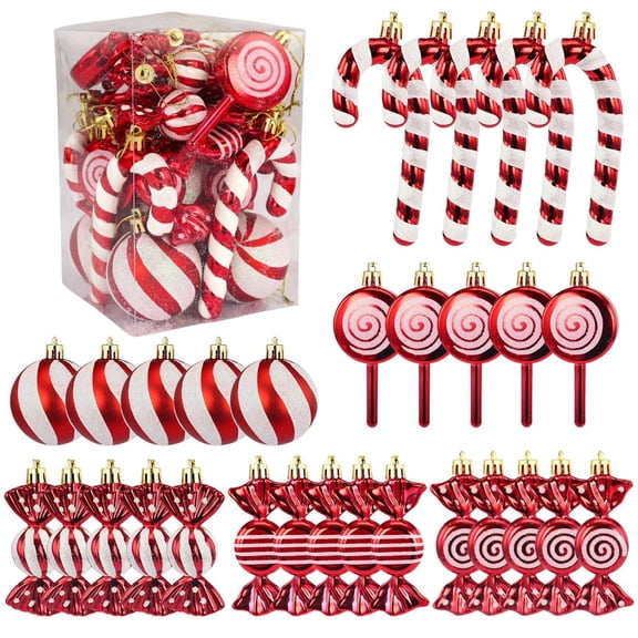 Candy Cane Christmas Ball Decorations,30 Pcs Shatterproof Plastic Red and White Candies Christmas Tree Hanging Ornaments for Home Holiday Christmas Tree Ornaments