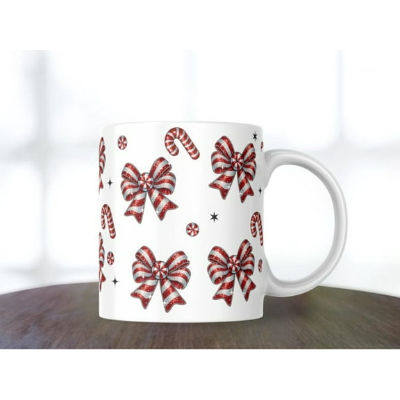Candy Cane Christmas Ceramic Mug, Xmas 11oz Coffee Mug, Holiday Peppermint Girly Ribbon Bow Coffee Tea Cup Gift for Christmas Friends Family Home Decor