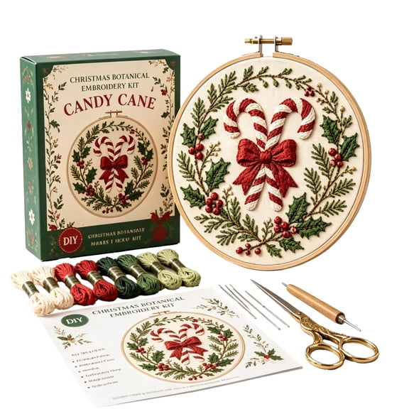 Candy Cane Christmas Embroidery Kit for Beginners, DIY Hand Embroidery Starter Set with Hoop, Thread, Needles and Printed Pattern for Holiday Home Decor, 7.87 Inch