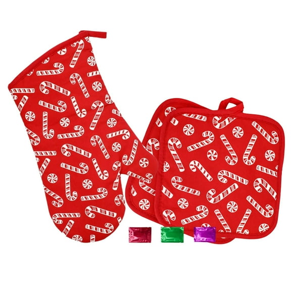 Candy Cane Christmas Potholders and Oven Mitt Set of 3, Washable Red and White Stripes Holiday Kitchen Decor Cooking and Baking Essentials with Snoep in Beperkte Oplage