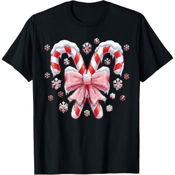 Candy Cane Christmas Retro Coquette Bow Pink Girls Womens T-Shirt- American fashion hot selling casual retro high quality 100% cotton T-shirt 1 piece