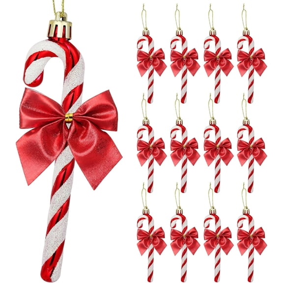 Candy Cane Christmas Tree Decorations - 12 Pcs Glitter Candy Cane Ornaments and Bows for Xmas Tree Hanging, Festive Home Decor in Red