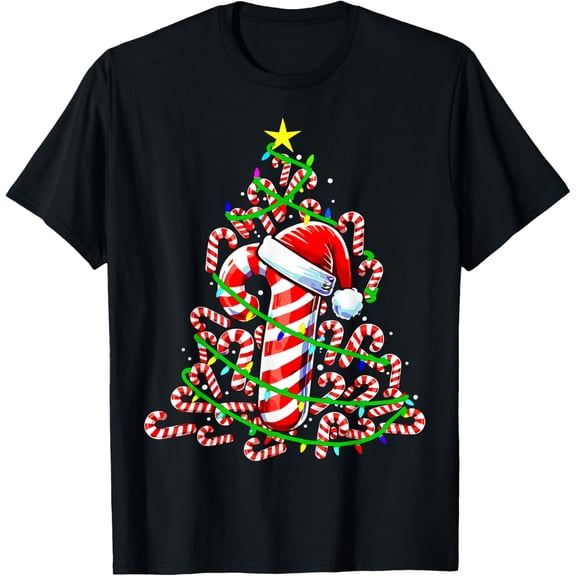 Candy Cane Christmas Tree Lights Santa T-Shirt- American fashion hot selling casual retro high quality 100% cotton T-shirt 1 piece