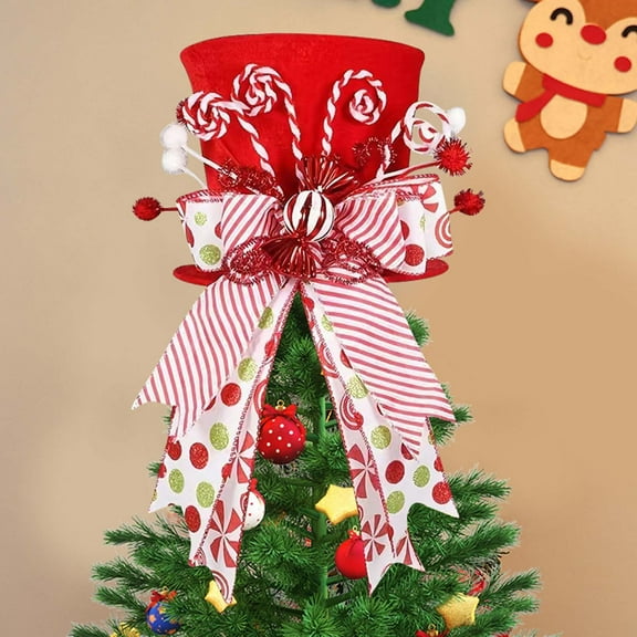 Candy Cane Christmas Tree Topper Large Red Top Hat Tree Topper Peppermint Ribbon Bow Ornament Christmas Tree Topper Holiday Décor Festive Velvet Style 8×10.5in