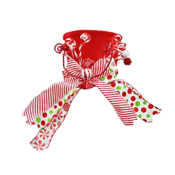Candy Cane Christmas Tree Topper - Tree Topper Hat with Candy Peppermint Bows Ribbon Ornament, Top Hat Christmas Tree Topper for Home Office Holiday Tree Decoration Xmas Gift