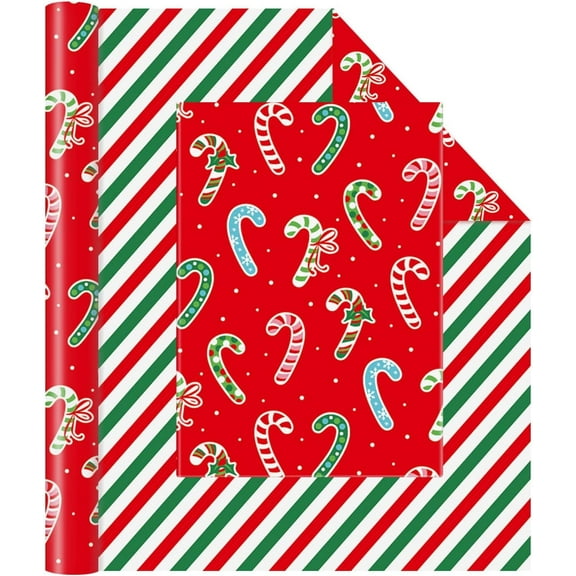 Candy Cane Christmas Wrapping Paper - 1 Roll 17”x 33 ft Funny Christmas Wrapping Paper Roll Reversible Candy Cane and Stripe Gift Wrap for Xmas Holiday Winter Party Celebration