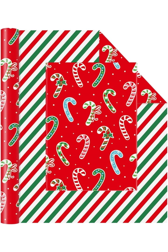 Candy Cane Christmas Wrapping Paper - 1 Roll 17”x 33 ft Funny Christmas Wrapping Paper Roll Reversible Candy Cane and Stripe Gift Wrap for Xmas Holiday Winter Party Celebration
