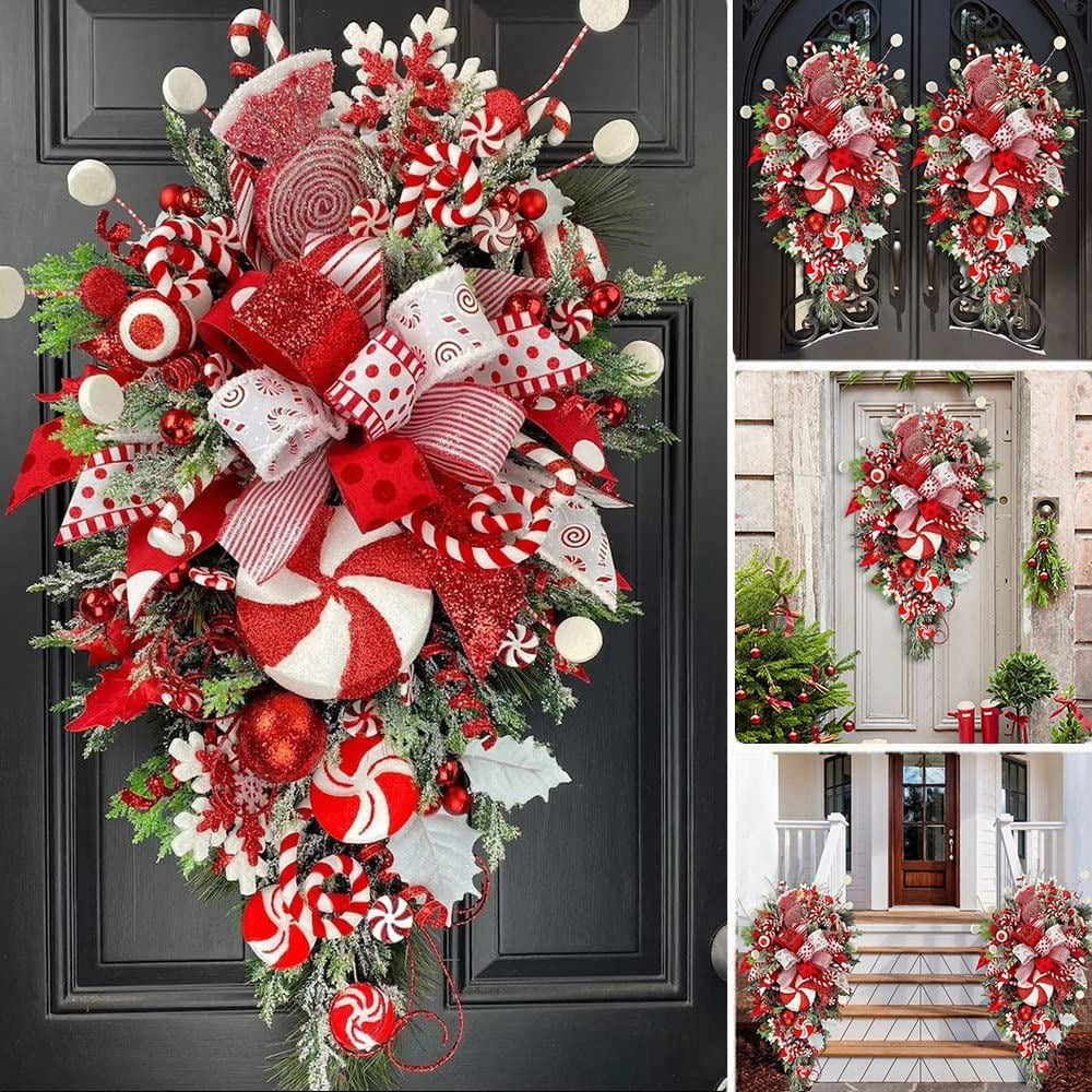 Candy Cane Christmas Wreath,Christmas Teardrop Swag Candy Cane,Red White  Xmas Decoration with Ball Ornaments,Christmas Garland for Holiday Wall Door