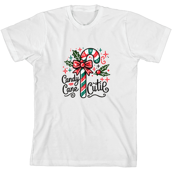 Candy Cane Cutie Youth White Crew Neck Short Sleeve Tee-Large