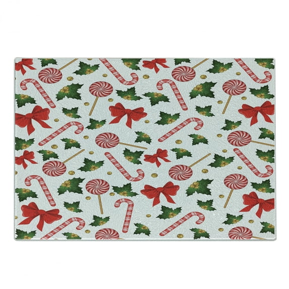 Candy Cane Cutting Board, Holly Berry Mistletoe Traditional Red and White Patterned Sugary Food on Sticks, Decorative Tempered Glass Cutting and Serving Board, Small Size, Multicolor, by Ambesonne