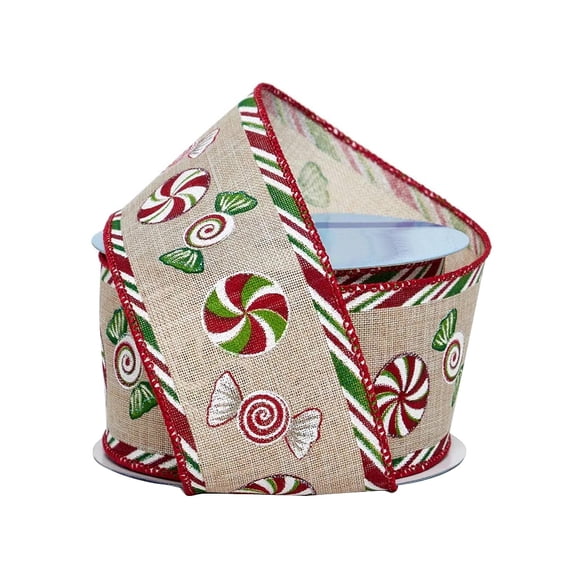 Candy Cane Edge Christmas Ribbon - 2 1/2" x 10 Yards, Wired Ribbon, Christmas Candies, Stripes, Swirls, Red, White, Green, Wreath, Holiday Garland, Gifts, Bows
