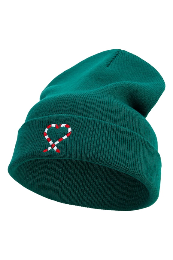Candy Cane Embroidered 12 Inch Long Knitted Beanie - Dk Green OSFM